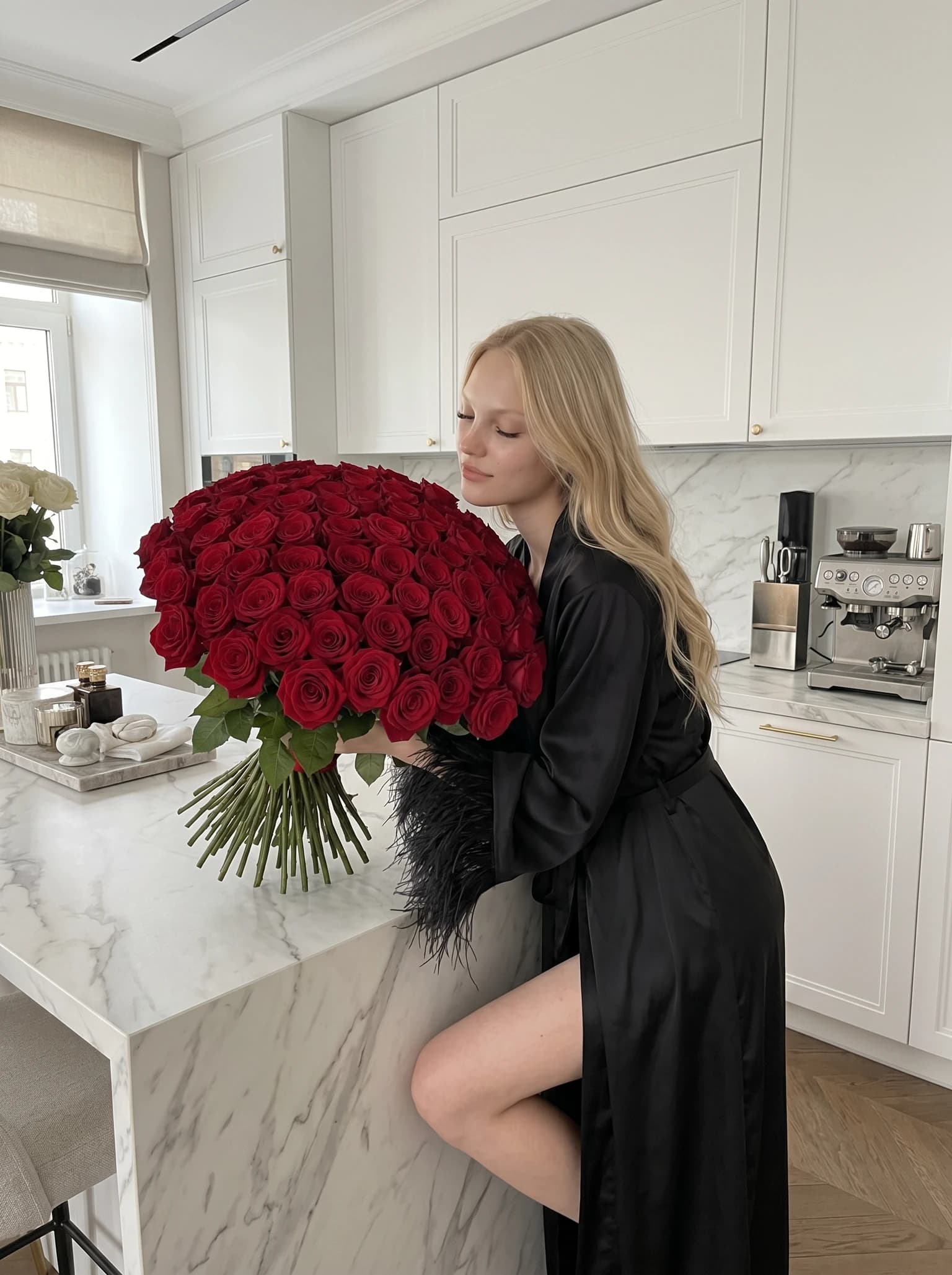 Roses bouquet in the kitchen